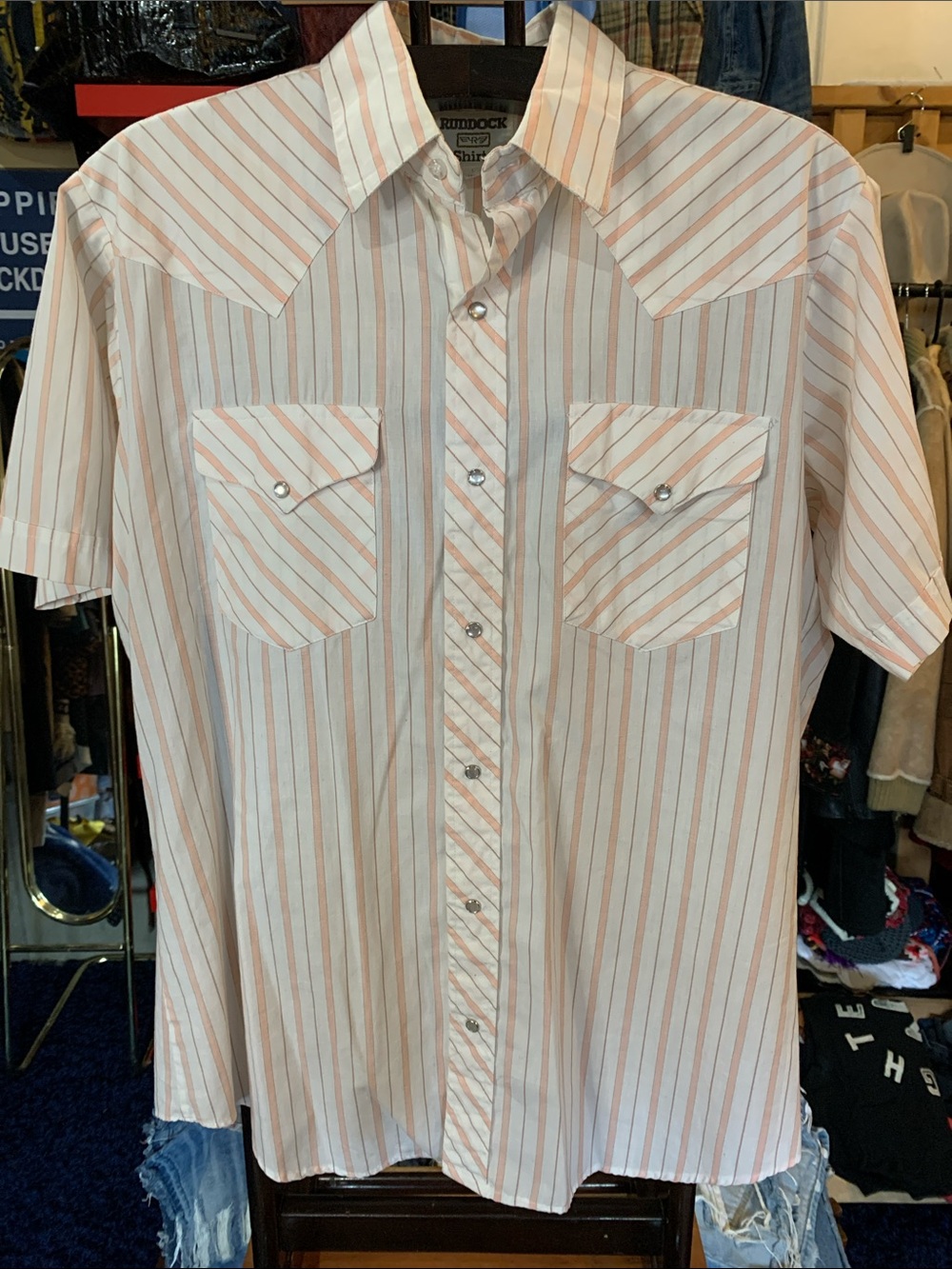 Vintage-Inspired Short Sleeve Stripe Western Shirt - White & Peach